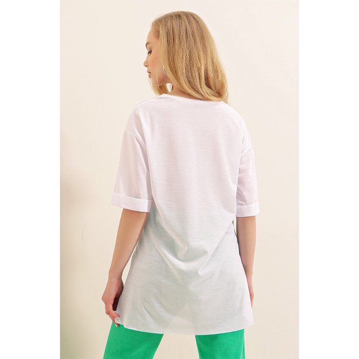 4123 Yırtmaçlı Oversize Tişört - Beyaz