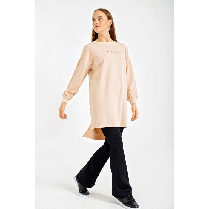 4207 Oversize Baskılı Sweat - Bej