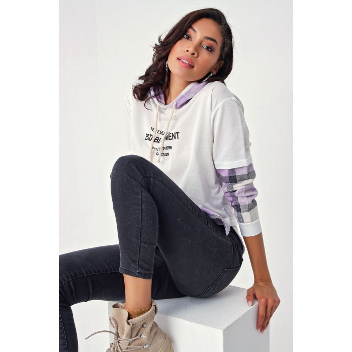 4245 Ekose Detaylı Kapşonlu Sweatshirt - Beyaz