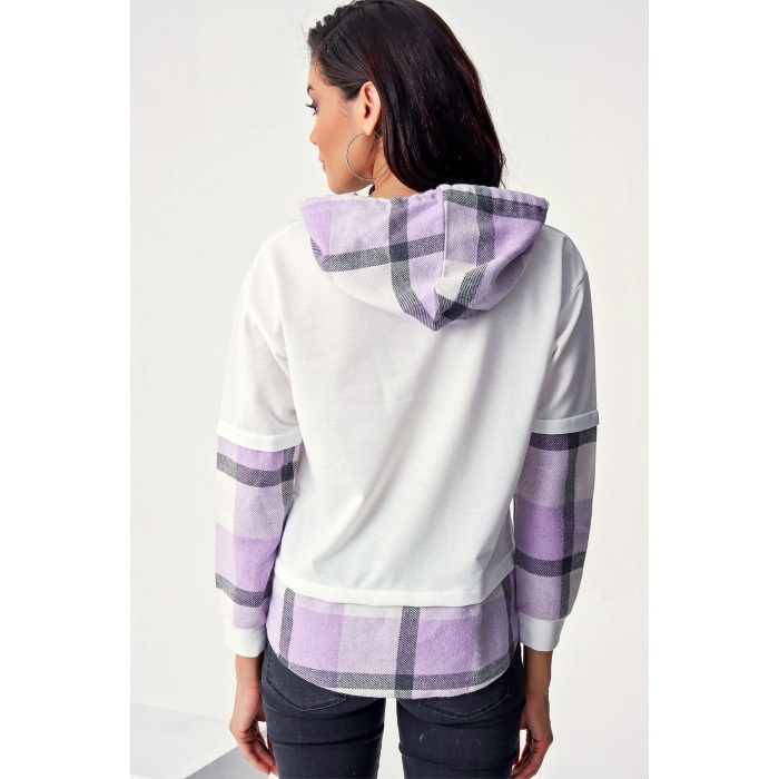 4245 Ekose Detaylı Kapşonlu Sweatshirt - Beyaz