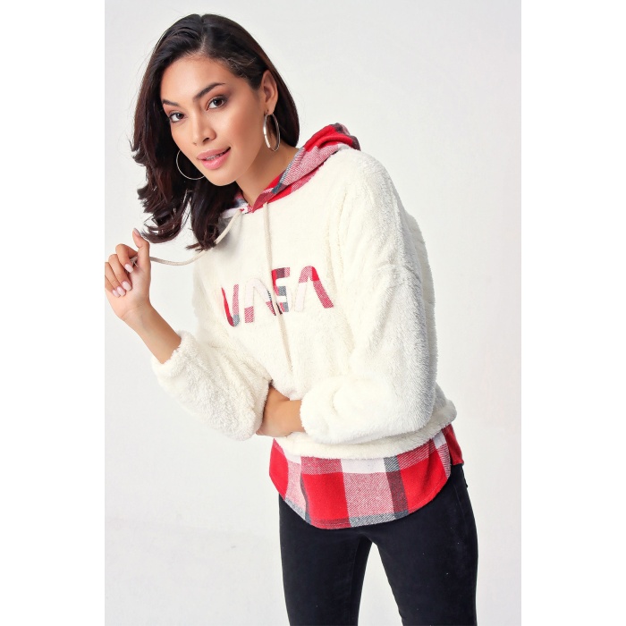 4248 Ekose Desen Peluş Sweat - Beyaz