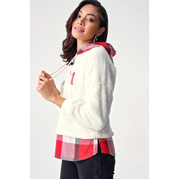 4248 Ekose Desen Peluş Sweat - Beyaz