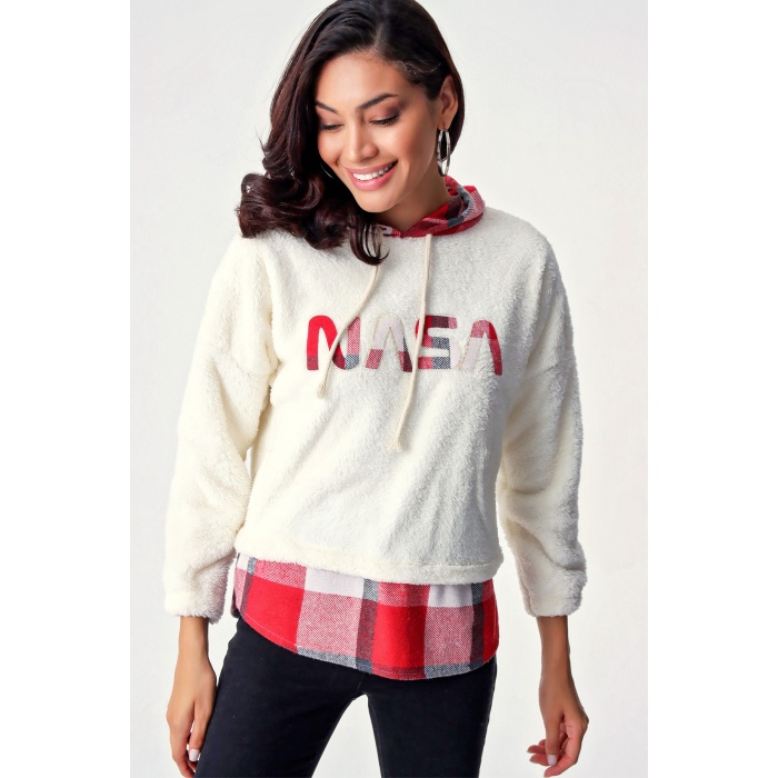 4248 Ekose Desen Peluş Sweat - Beyaz
