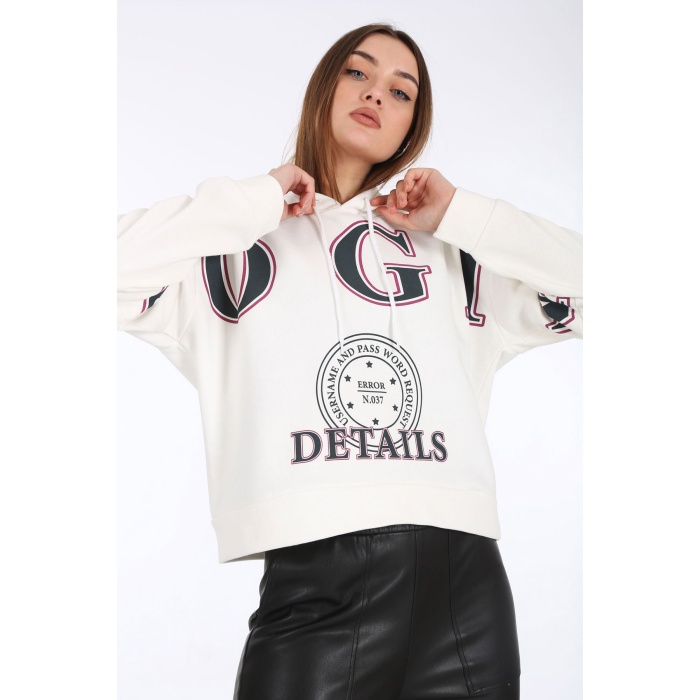 4258 Kapşonlu Önü Baskılı Sweat - Beyaz