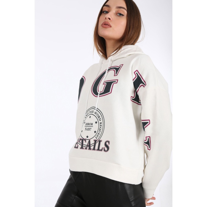 4258 Kapşonlu Önü Baskılı Sweat - Beyaz