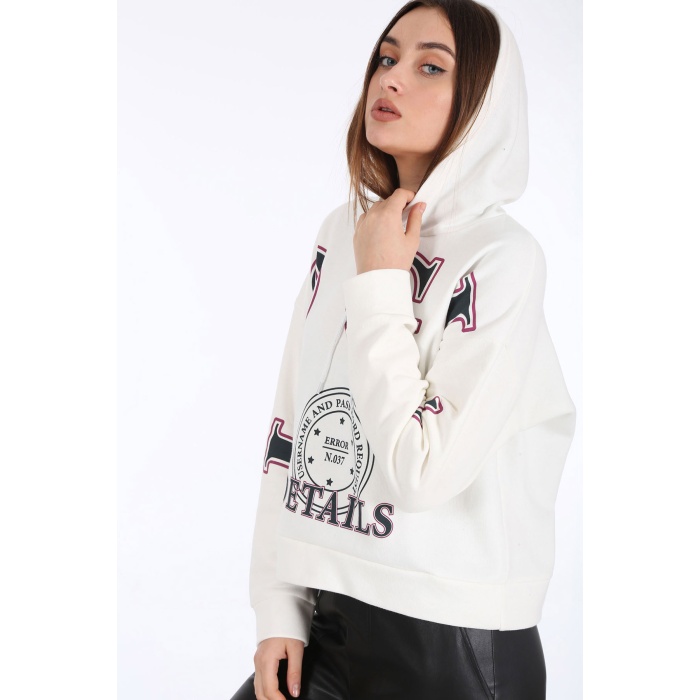 4258 Kapşonlu Önü Baskılı Sweat - Beyaz