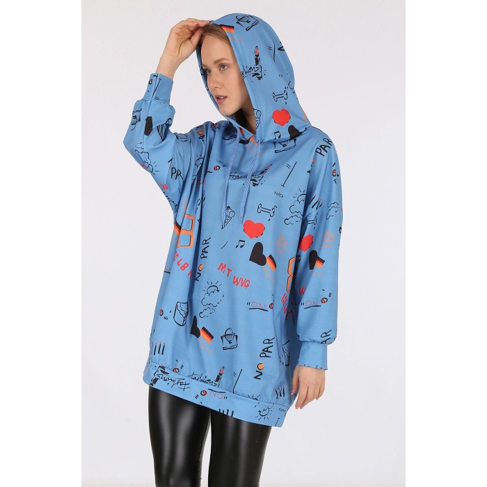 4289 Kapüşonlu Oversize Sweatshirt - İndigo