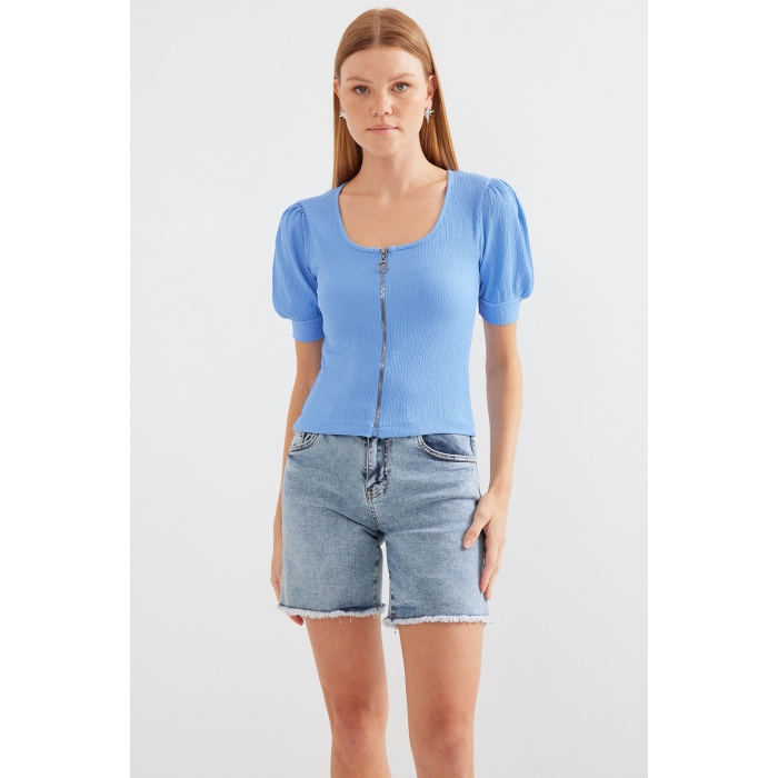 4316 Fermuarlı Örme Bluz - Mavi