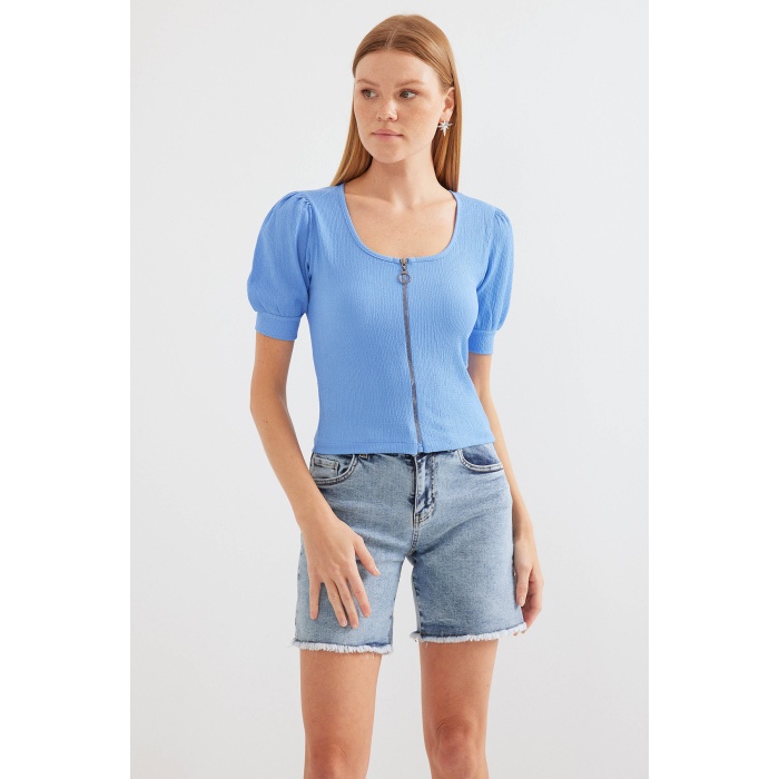 4316 Fermuarlı Örme Bluz - Mavi
