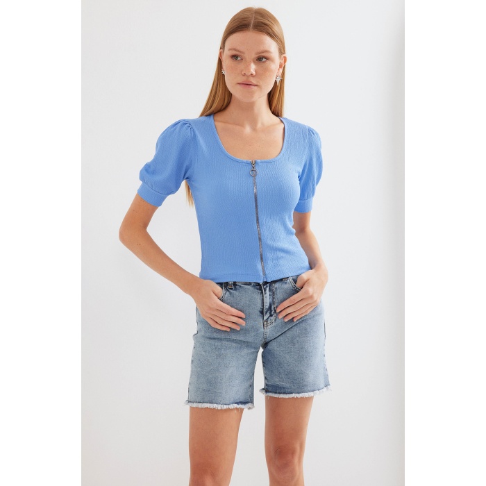 4316 Fermuarlı Örme Bluz - Mavi