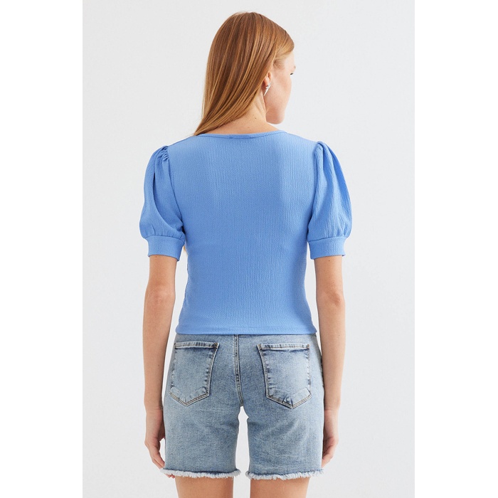 4316 Fermuarlı Örme Bluz - Mavi