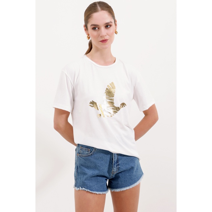 4317 Bisiklet Yaka Baskılı Tişört - Altın Sarısı