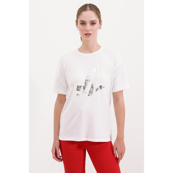 4317 Bisiklet Yaka Baskılı Tişört - Gümüş