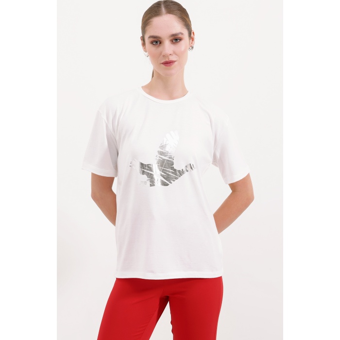 4317 Bisiklet Yaka Baskılı Tişört - Gümüş