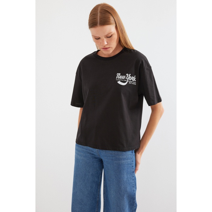 4318 Baskılı Basic Tişört - Siyah