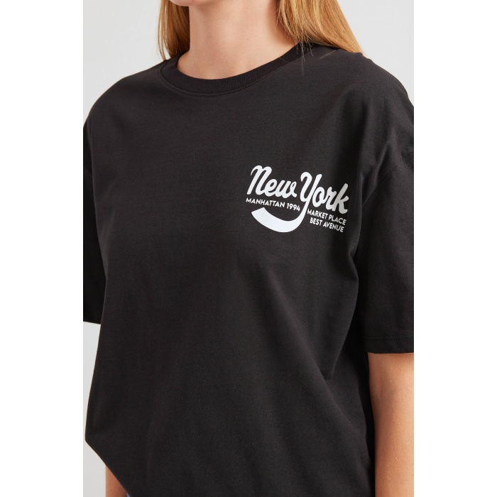 4318 Baskılı Basic Tişört - Siyah