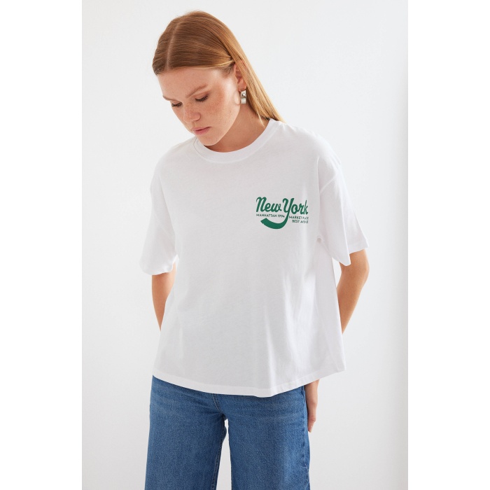 4318 Baskılı Basic Tişört - Beyaz