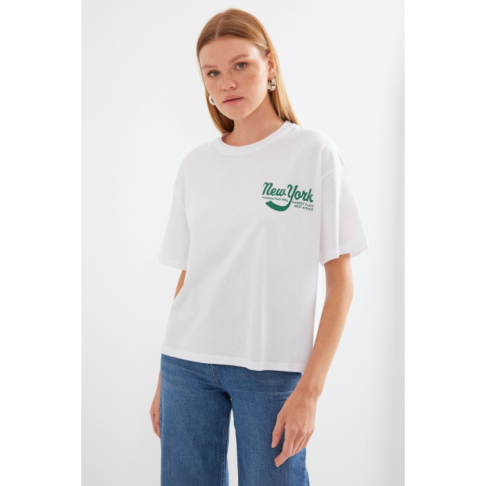 4318 Baskılı Basic Tişört - Beyaz