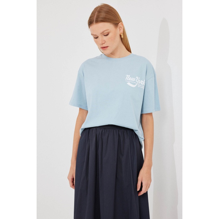 4318 Baskılı Basic Tişört - Mavi