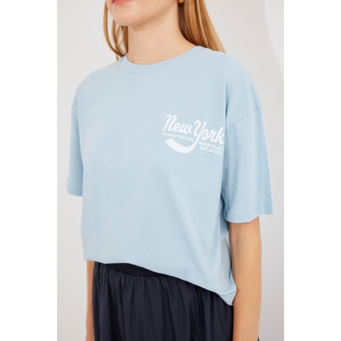 4318 Baskılı Basic Tişört - Mavi