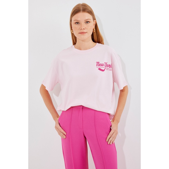 4318 Baskılı Basic Tişört - Pudra