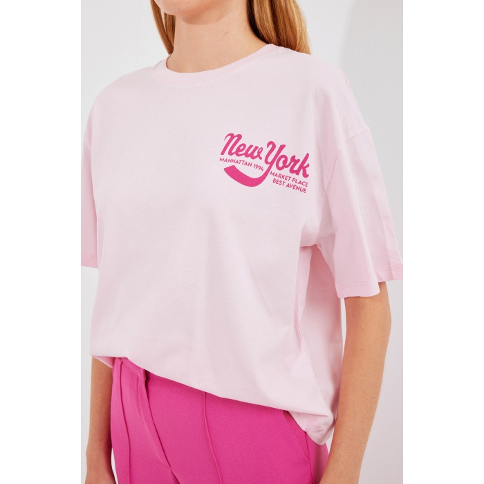 4318 Baskılı Basic Tişört - Pudra
