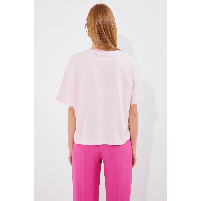 4318 Baskılı Basic Tişört - Pudra