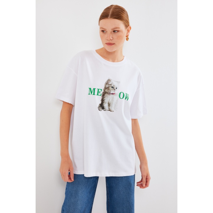 4319 Baskılı Oversize Tişört - Beyaz