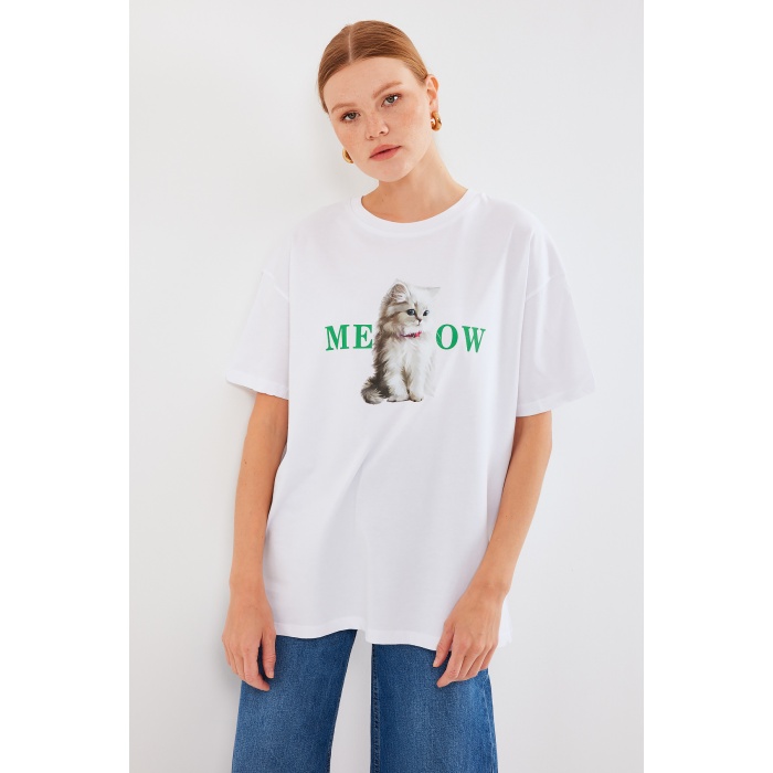 4319 Baskılı Oversize Tişört - Beyaz