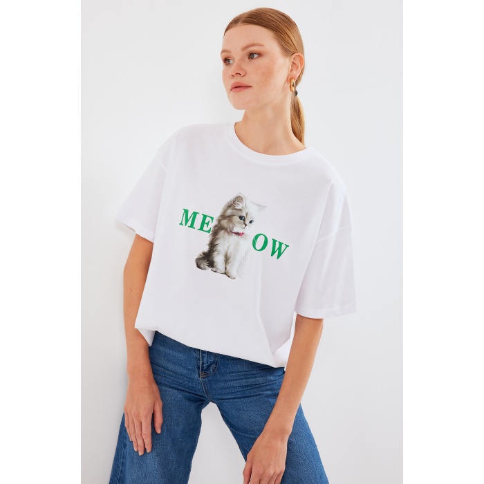 4319 Baskılı Oversize Tişört - Beyaz