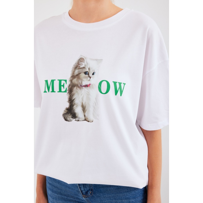 4319 Baskılı Oversize Tişört - Beyaz