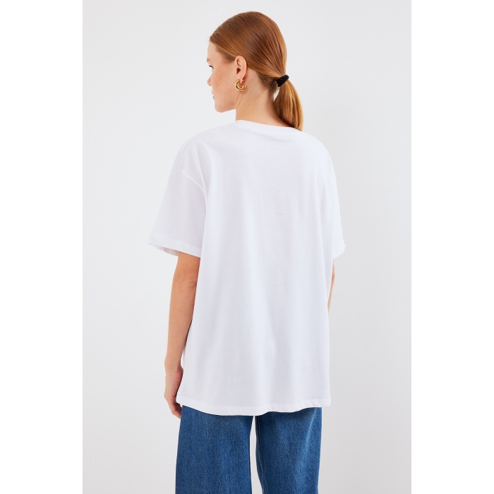 4319 Baskılı Oversize Tişört - Beyaz