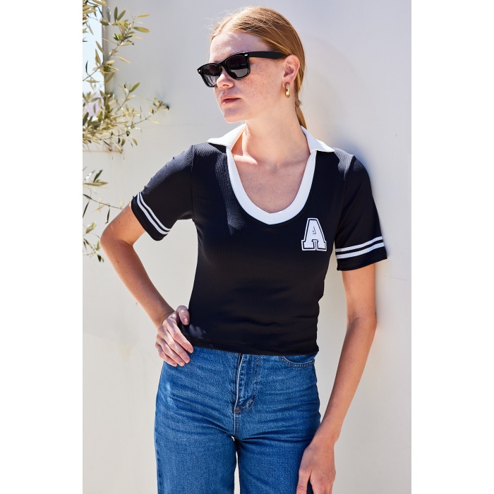 4320 Polo Yaka Basic Triko Bluz - Siyah