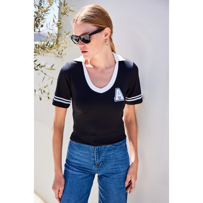 4320 Polo Yaka Basic Triko Bluz - Siyah