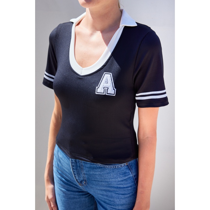 4320 Polo Yaka Basic Triko Bluz - Siyah