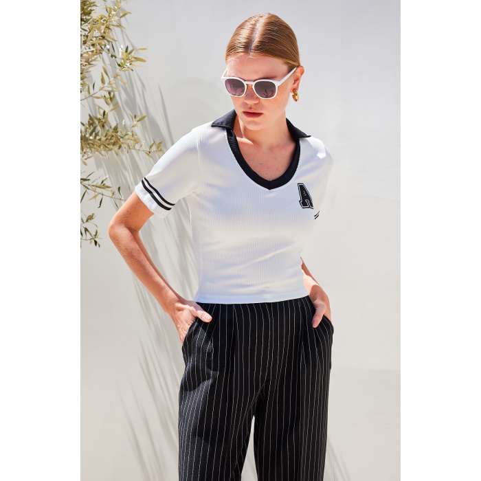 4320 Polo Yaka Basic Triko Bluz - Beyaz