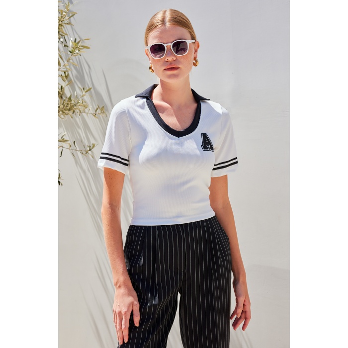 4320 Polo Yaka Basic Triko Bluz - Beyaz