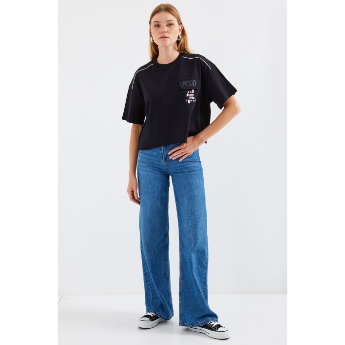 4321 Cep Detaylı Oversize Tişört - Siyah