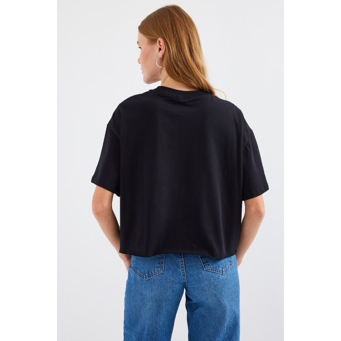 4321 Cep Detaylı Oversize Tişört - Siyah