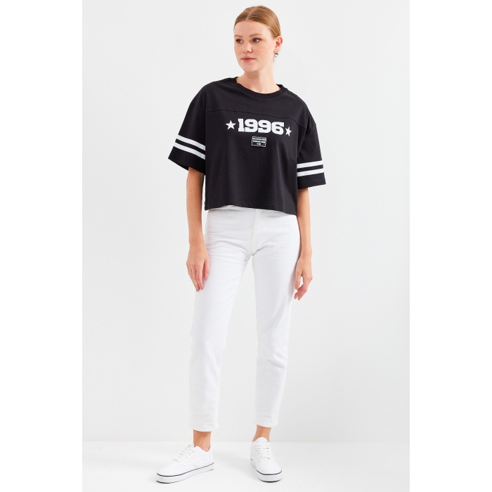 4322 Baskılı Oversize Basic Tişört - Siyah
