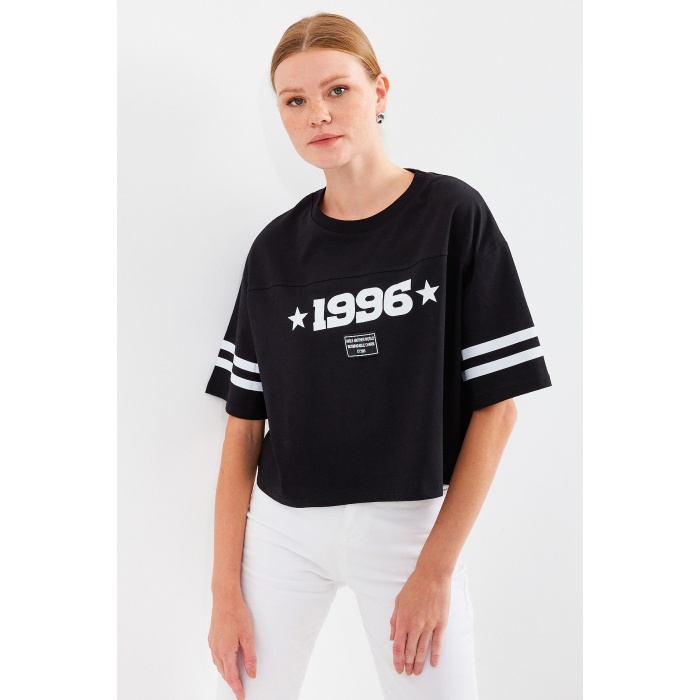 4322 Baskılı Oversize Basic Tişört - Siyah