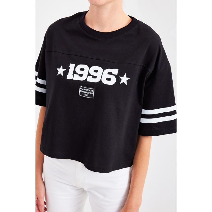 4322 Baskılı Oversize Basic Tişört - Siyah