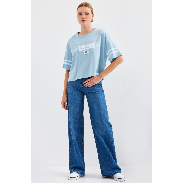 4322 Baskılı Oversize Basic Tişört - Mavi