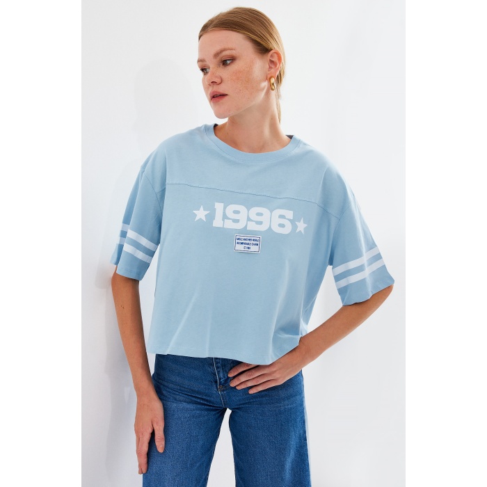 4322 Baskılı Oversize Basic Tişört - Mavi