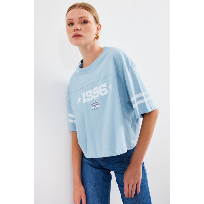 4322 Baskılı Oversize Basic Tişört - Mavi