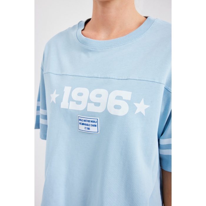 4322 Baskılı Oversize Basic Tişört - Mavi