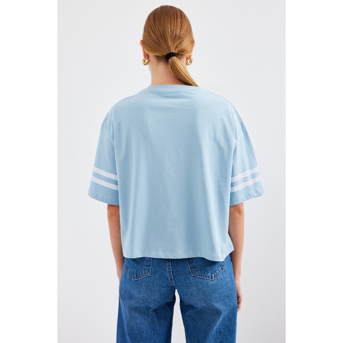 4322 Baskılı Oversize Basic Tişört - Mavi