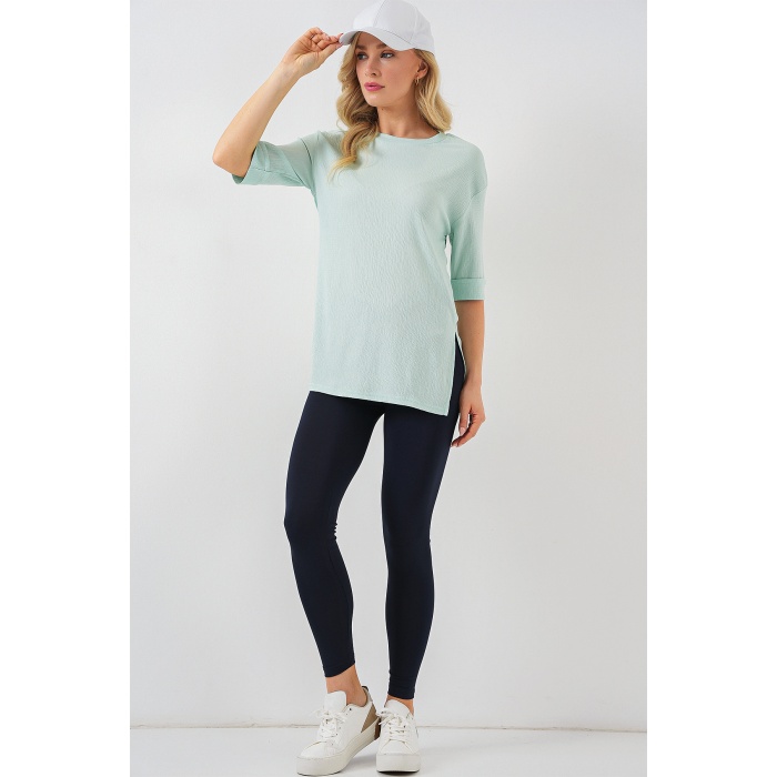 4332 Yanı Yırtmaçlı Örme Tişört - Mint