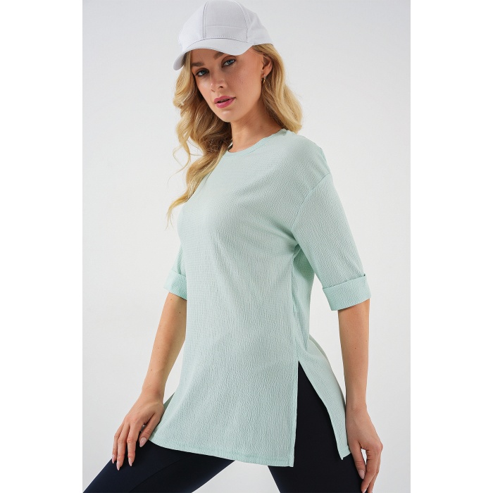 4332 Yanı Yırtmaçlı Örme Tişört - Mint