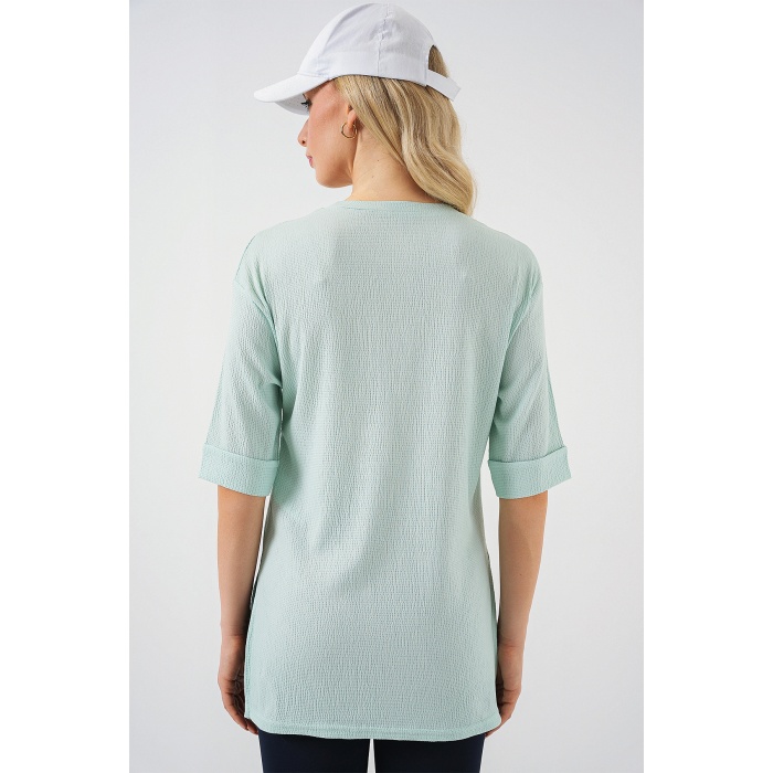 4332 Yanı Yırtmaçlı Örme Tişört - Mint